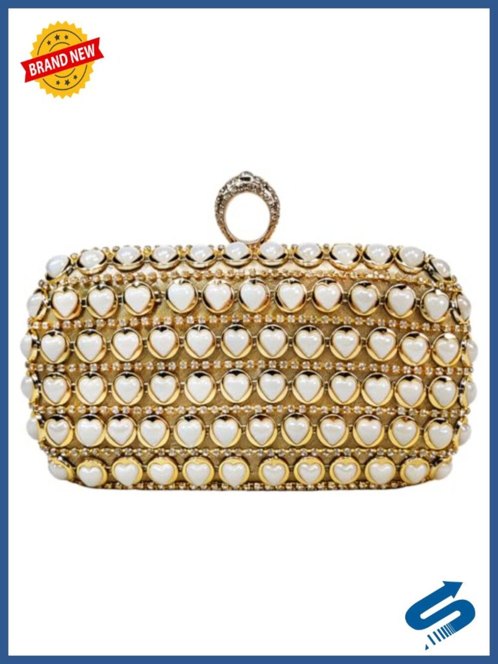 Rhinestone Heart Pearl Clutch Evening Bag Finger Ring Clasp